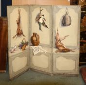 A painted canvas three fold screen, modern, painted with scenes of hanging game