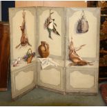 A painted canvas three fold screen, modern, painted with scenes of hanging game