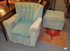 A 1930's turquoise upholstered armchair and footstool en-suite, and a walnut veneered stand,