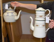 A large French enamelled metal coffee pot, early 20th century, with removable upper section and