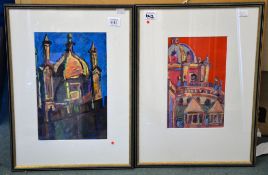 20th Century School Cathedral domes Oil on paper, a pair Largest 35 x 22cm (13 3/4 x 9 3/4in.) (2)