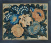 A 19th century painted velvet floral still life and a Chinese painting of butterflies and roses (2)