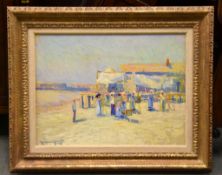 Lawrence Grant (American, 1884-?) Art class on a beach Oil on board Signed and dated 1910 lower left