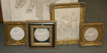 A rectangular gilt framed and composite marble plaque, of recent manufacture, moulded in relief with