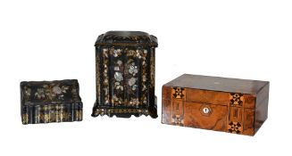 Ω A Victorian parcel gilt and shell inset papier mache jewellery cabinet, circa