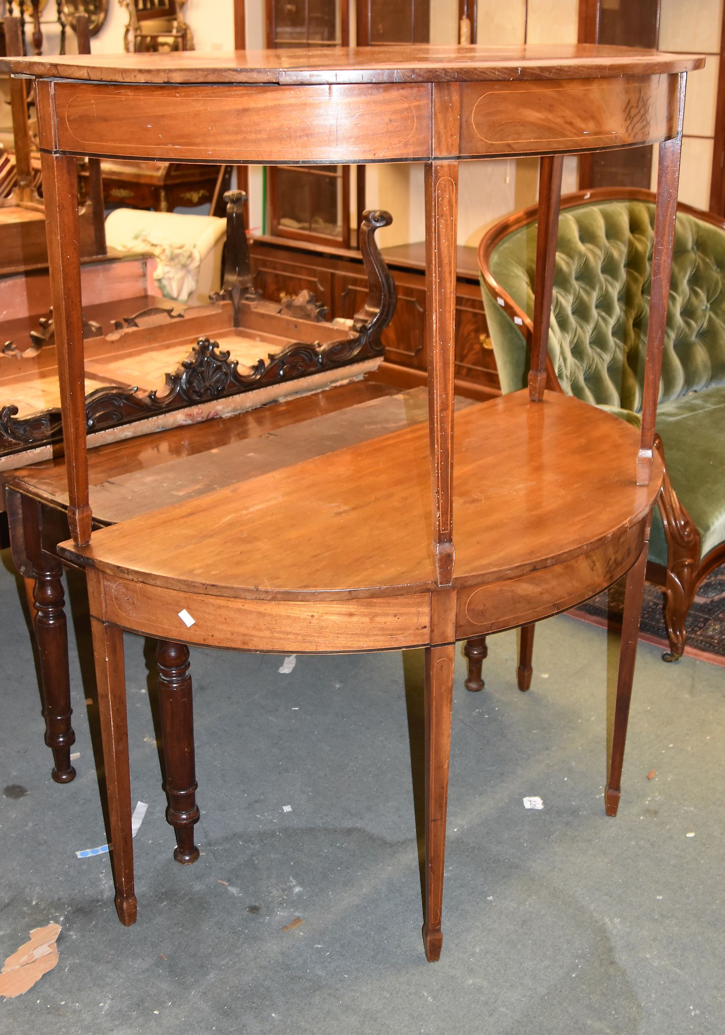 A pair of demi-lune mahogany side tables, and an additional leaf for use as a dining table, 76cm