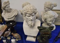 Four various modern composition classical busts, and two plastic examples, the largest 55cm high