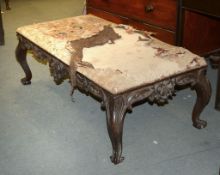 A Victorian carved mahogany centre stool with distressed tapestry upholstered seat, 43cm high, the