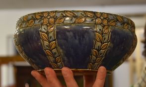 A Royal Doulton, Lambeth, bowl with mottled blue ground and leaf borders, impressed marks to base,