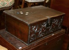 An English oak Bible box, 17th century and later, 24cm high, 64cm wide