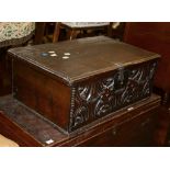 An English oak Bible box, 17th century and later, 24cm high, 64cm wide