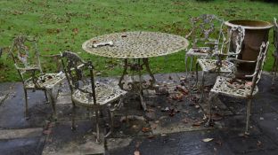 A painted metal garden table and six chairs en-suite, 20th century