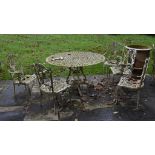 A painted metal garden table and six chairs en-suite, 20th century