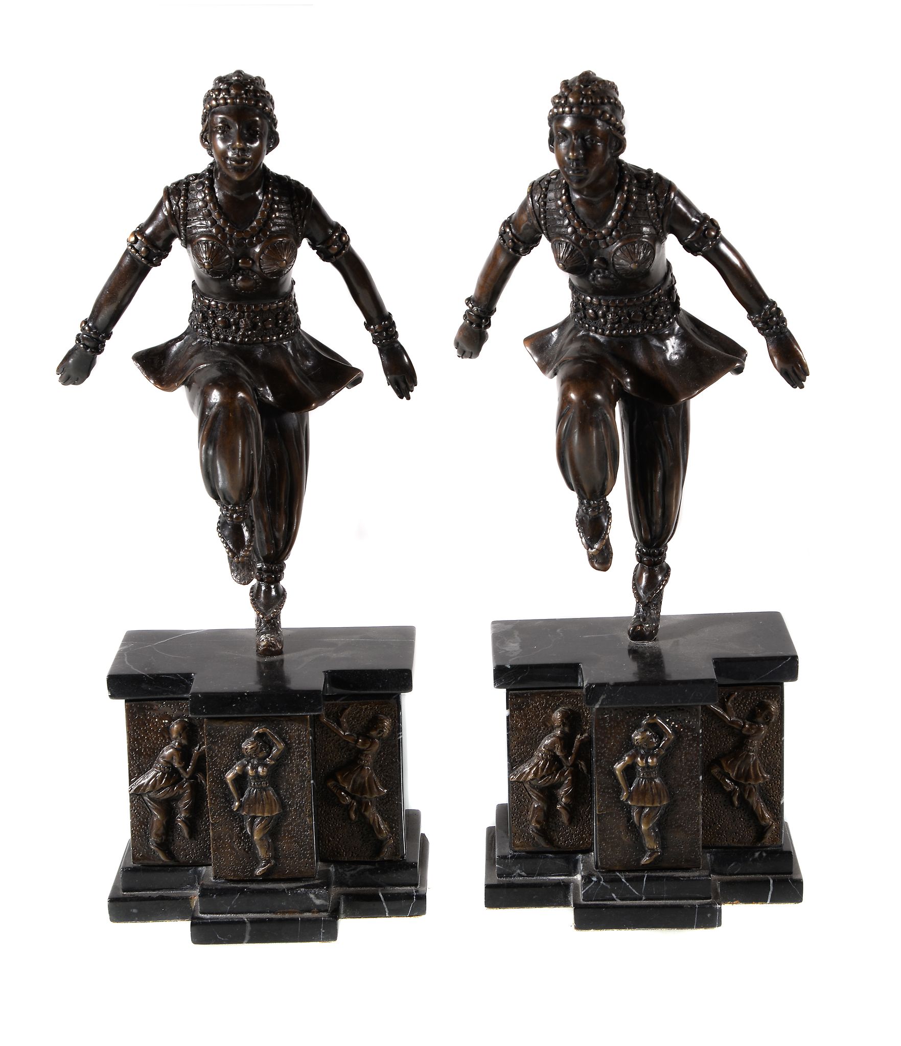 A pair of patinated metal figures of dancers, of recent manufacture, after the manner of Chiparus,