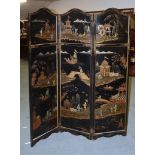 An ebonised screen decorated with Japanned exterior scenes to one side, the reverse with simple