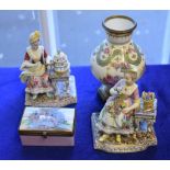 A pair of German porcelain models of the Senses, after Meissen originals; a French porcelain pink-
