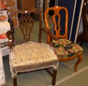 A walnut and upholstered side chair together with a mahogany dining chair in the manner of Thomas