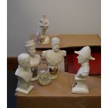 Five items of crested china including four busts; King George V, Queen Mary, Admiral Jellicoe, Sir