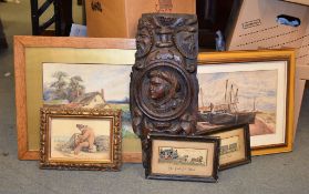 A carved oak panel; probably 17th century, 51cm high; two Stevengraphs, The Good Old Days and The