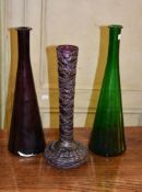 A Kralic amethyst glass vase, with trail decoration, 37cm high, and two others, one green and one