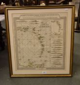 A framed and glazed chart of the Antilles or, Charibbee or, Carbis Islands, with the virgin Islands,