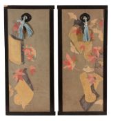 A pair of Japanese ebonised panels, with text to one side and painted and gilt decorations to the