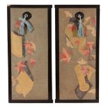 A pair of Japanese ebonised panels, with text to one side and painted and gilt decorations to the