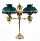 A Brass twin branch table oil lamp, possibly North American, third quarter 19th century, the urn