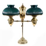 A Brass twin branch table oil lamp, possibly North American, third quarter 19th century, the urn