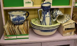 A Doulton Chatham pattern basin and jug, a Doulton Aubrey pattern basin and jug, a further green