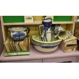 A Doulton Chatham pattern basin and jug, a Doulton Aubrey pattern basin and jug, a further green