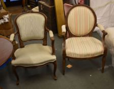 A pair of armchairs, 19th century, in striped upholstery, together with a further pair of later