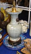 A Chinese crackle glazed celadon baluster vase fitted as a table lamp, and a late 19th century