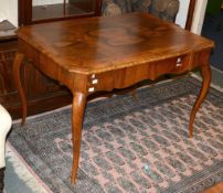 A burr walnut centre table with blind frieze drawer, on cabriole legs, together with a modern walnut