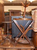 A marquetry inlaid tray 61cm x 40cm, an associated stand, and three tripod occasional tables, and