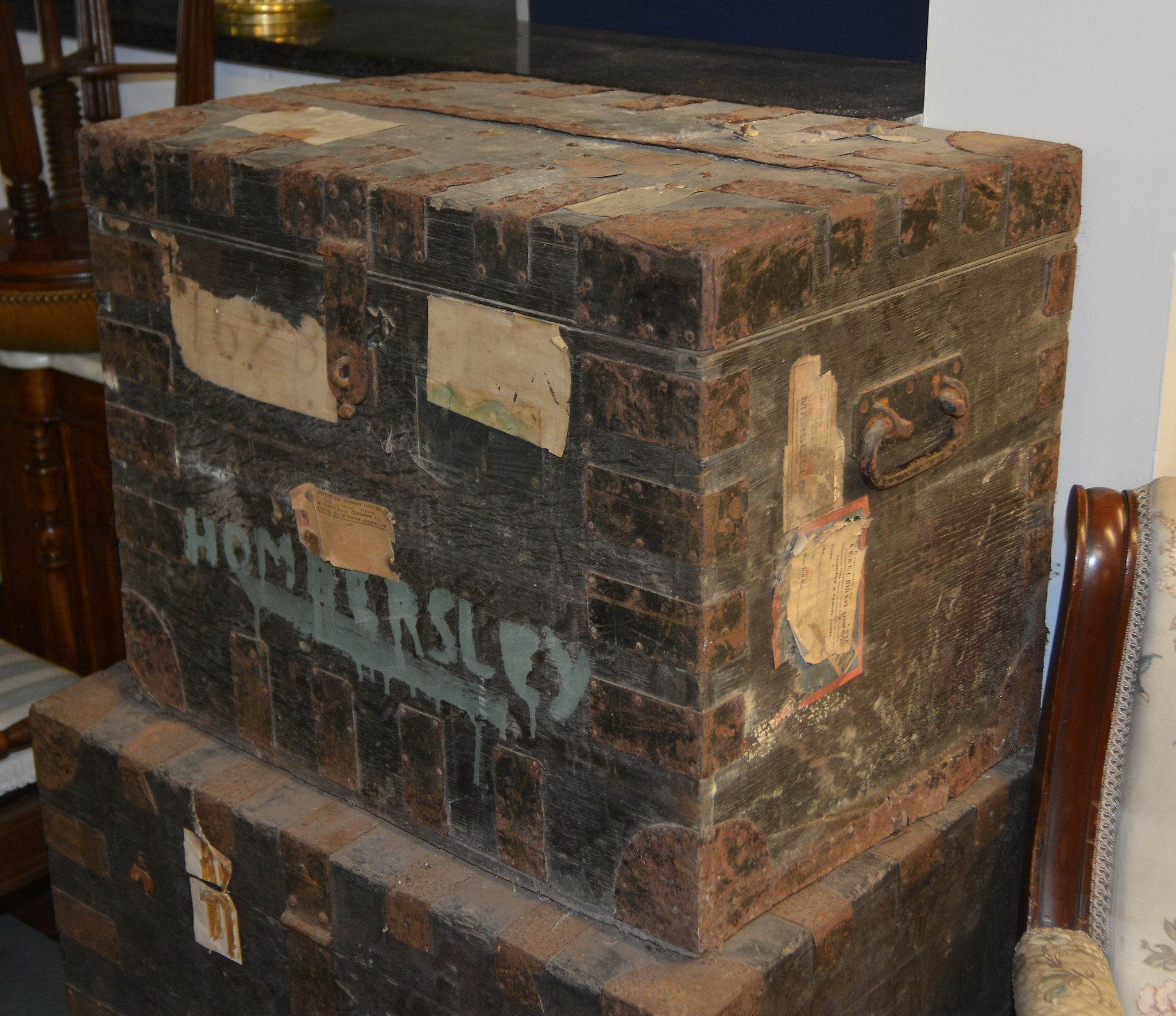 A metal bound oak silver chest, interior distressed, 54cm high