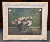 English School (Early 20th century) Oil on board A bowl of flowers on a window ledge 42 x 49cm (16