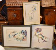 British School (20th Century) A set of three nudes Watercolour largest initalled W.T. lower left