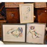 British School (20th Century) A set of three nudes Watercolour largest initalled W.T. lower left