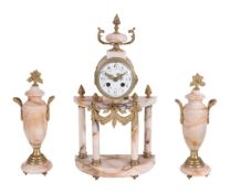 A French variegated marble and gilt metal mounted clock garniture, the eight-day bell striking