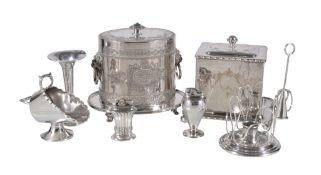 A collection of electro-plated items, to include: an oval biscuit tin, presentation engraved, 20.5cm