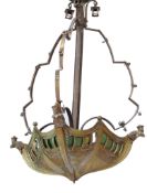 A French gilt metal three light electrolier, circa 1900, the dish modelled as a three sided vessel