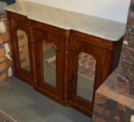 A Victorian walnut and marquetry inlaid side cabinet with marble top, 84cm high, 120cm wide, 33cm