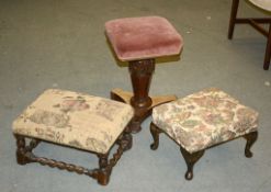 Ω A Victorian rosewood and upholstered piano stool, and two further footstools, (3) Cites