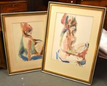 British School (20th century) Two nudes Watercolour Both signed with initials W.T. lower right