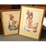 British School (20th century) Two nudes Watercolour Both signed with initials W.T. lower right