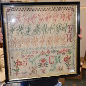 A Victorian ebonised framed alphabet sampler, dated 1890, 53cm square overall