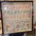 A Victorian ebonised framed alphabet sampler, dated 1890, 53cm square overall