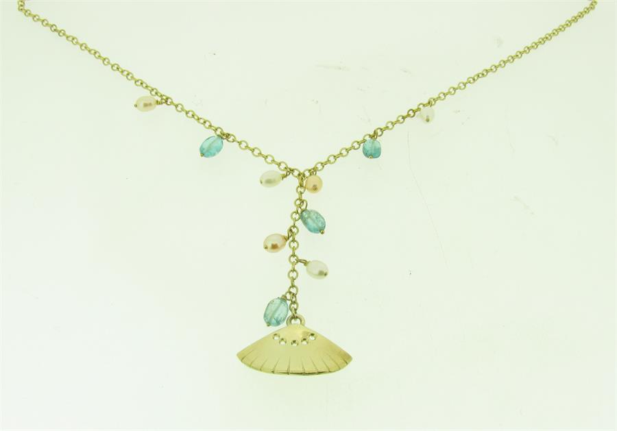 9ct Yellow Gold Necklace with dropping fans and Freshwater Pearls.