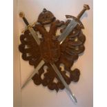 Heraldic Carved Wood Shield with Two Reproduction Swords - Richard the Lionheart / Masonic